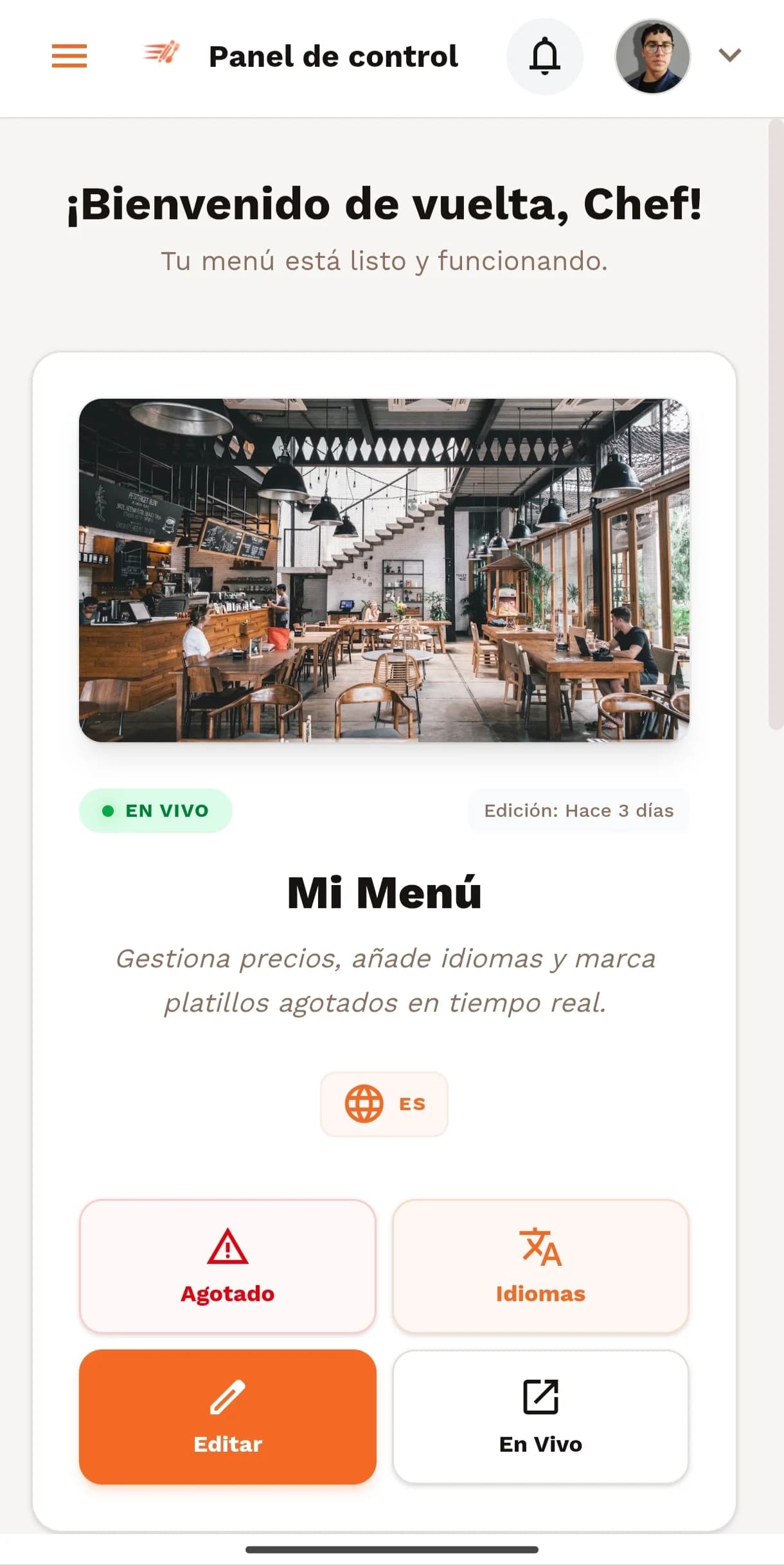 Panel de control de Menú Rapidito en móvil