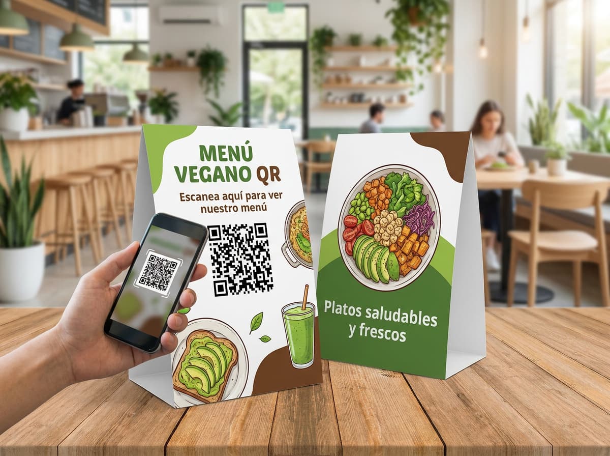 Exhibidor de menú digital en mesas mostrando el código QR a los comensales
