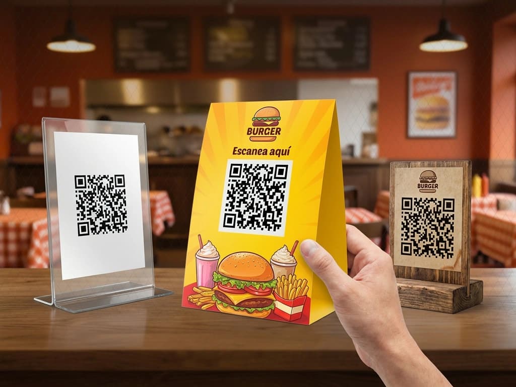 Exhibidor de menú QR físico con diseño profesional en una mesa de restaurante
