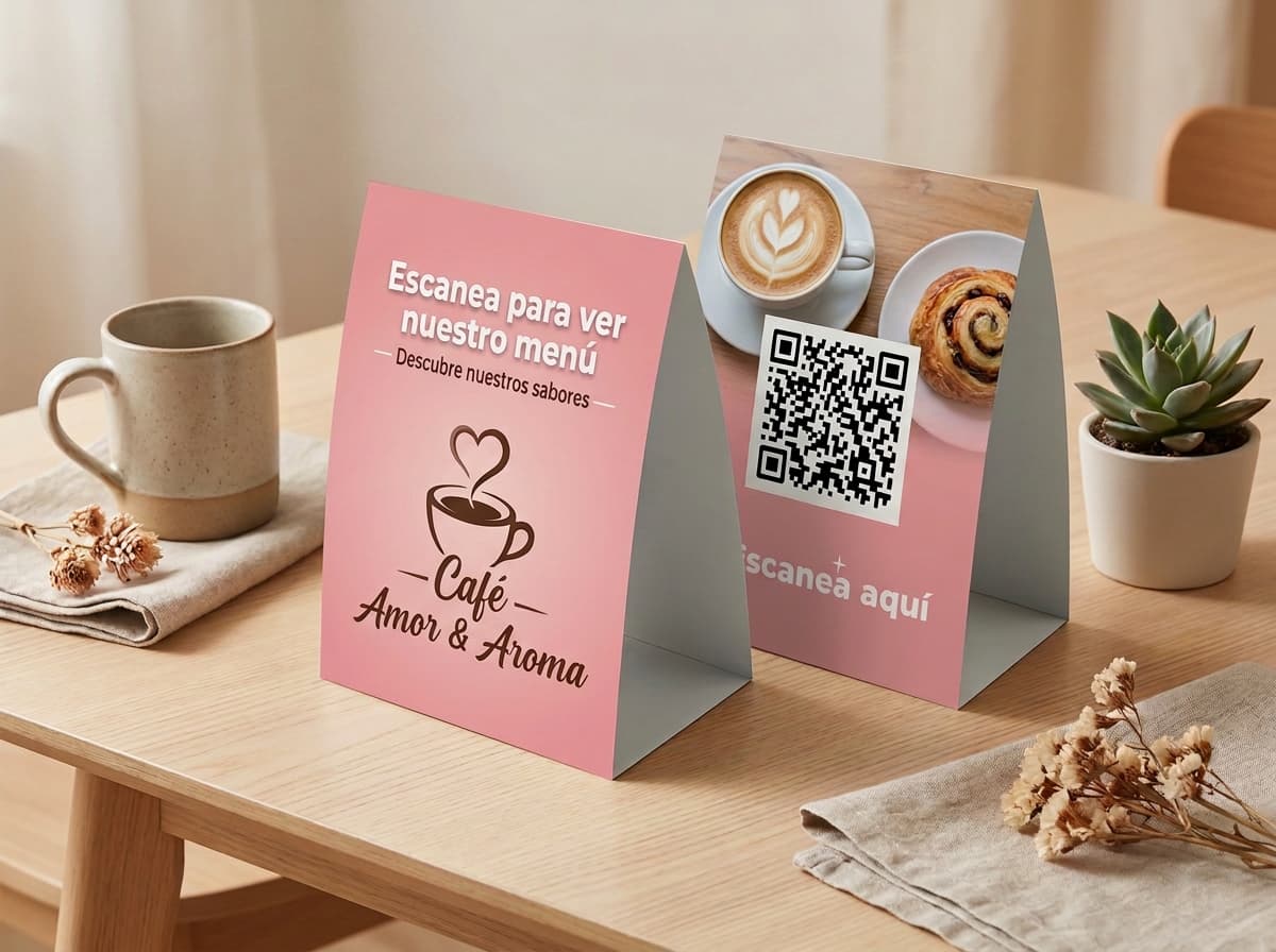 Porta menú QR para restaurante colocado elegantemente sobre la mesa