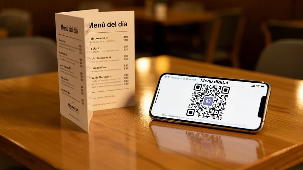 Mesa de restaurante con un menĂș impreso y un celular mostrando un menĂș QR