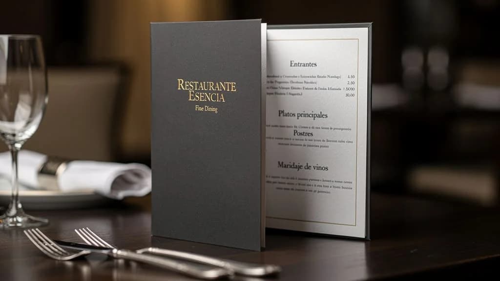 MenĂș fĂsico elegante de un restaurante de alta cocina fine dining