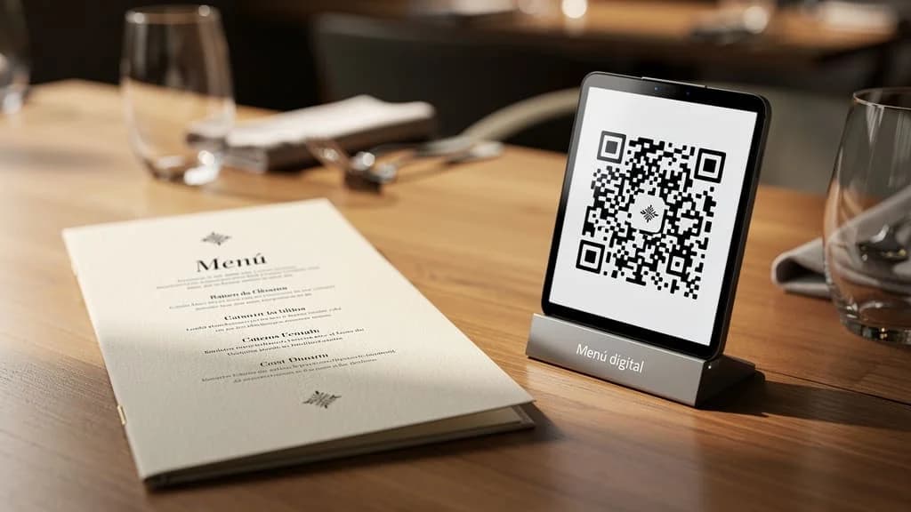 Una mesa que ofrece tanto un display con cĂłdigo QR como un menĂș impreso elegante