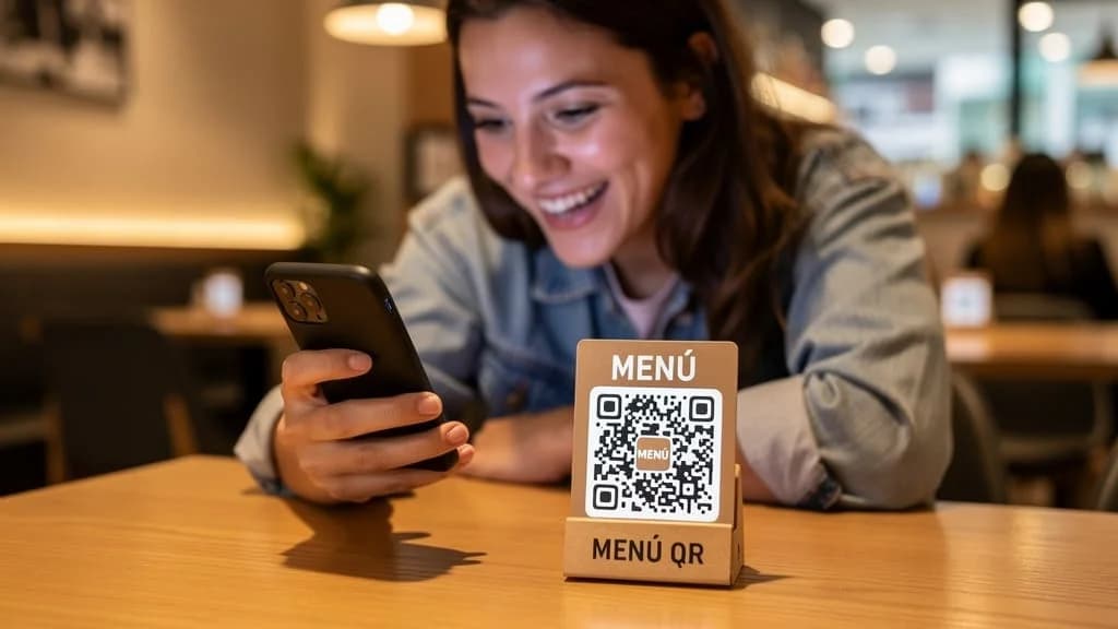 Cliente escaneando felizmente un menĂș digital QR en su mesa